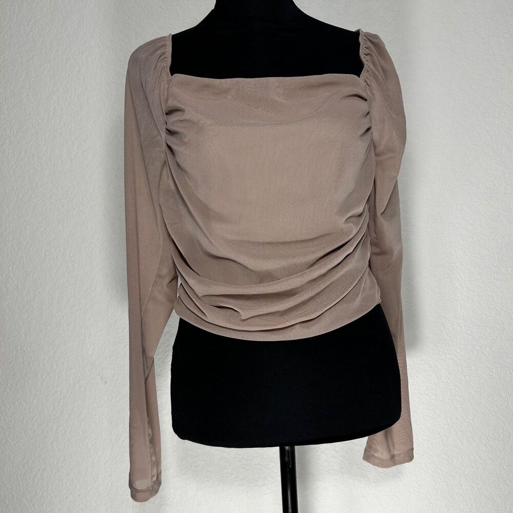 STELLALUCE Womens Top L Ruched Square Neck Long Sheer Sleeve Blouse Taupe Beige